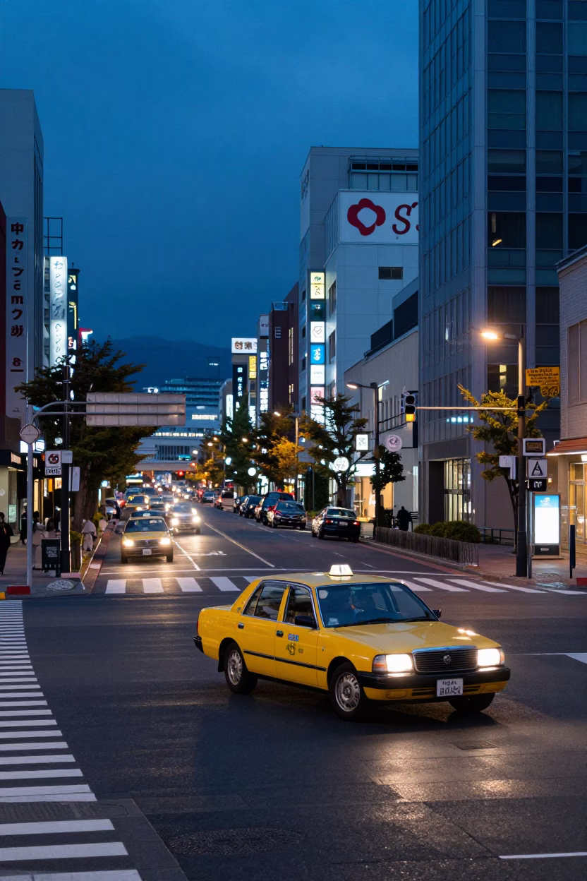 Blue Hour Evening Street Scene in Sapporo Japan with Vintage 1960s Aesthetic in in Sapporo, Japan