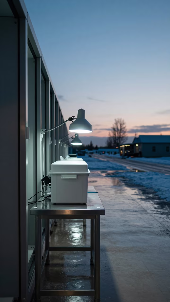 Blue Hour Exam Lamp Bin in Anchorage Archive in in a specimen archive room near Anchorage