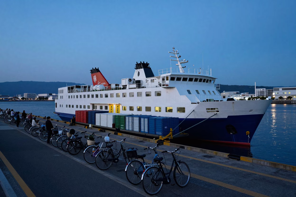 Blue Hour Ferry Dock Scene in Fukuoka Japan with Cargo and Bicycles in in Fukuoka, Japan