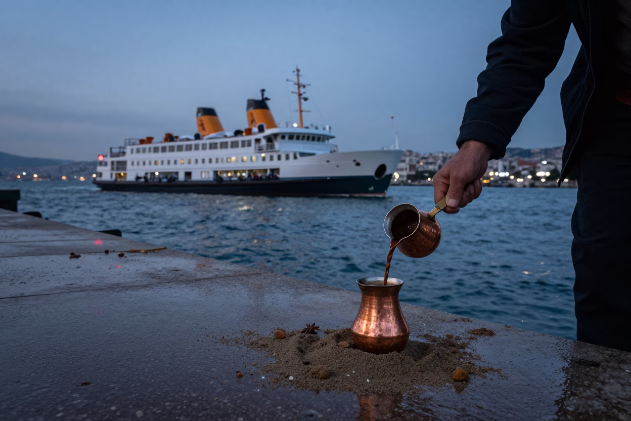 Blue Hour Ferry Dock Scene in Izmir Turkey with Copper Coffee Pot in in Izmir, Turkey