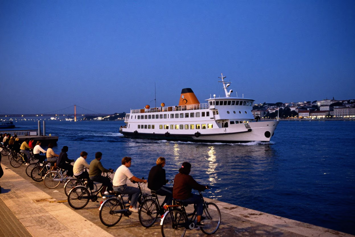 Blue Hour Ferry Docking in Lisbon Portugal with Passengers and Bicycles in in Lisbon, Portugal