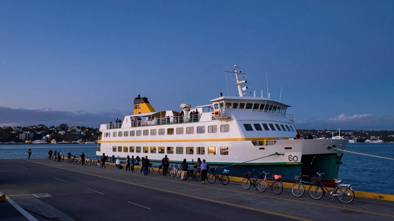 Blue Hour Ferry Loading Passengers and Bicycles at Auckland Waitemata Harbour Dock in in Auckland, New Zealand