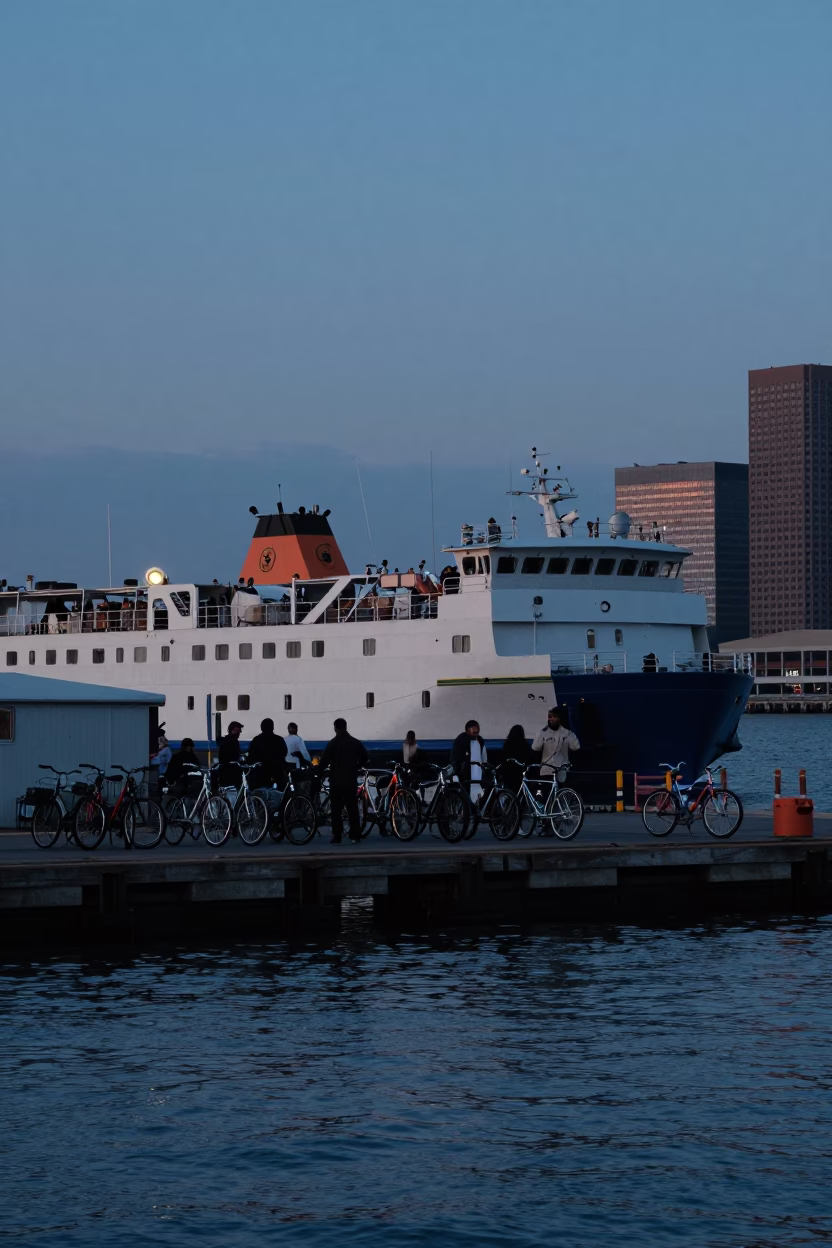 Blue Hour Ferry Loading Passengers and Bicycles at Philadelphia Dock in in Philadelphia, Pennsylvania, United States