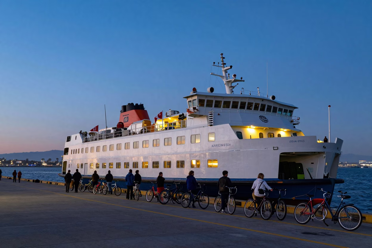 Blue Hour Ferry Loading Passengers and Bicycles at San Diego Dock in in San Diego, California, United States
