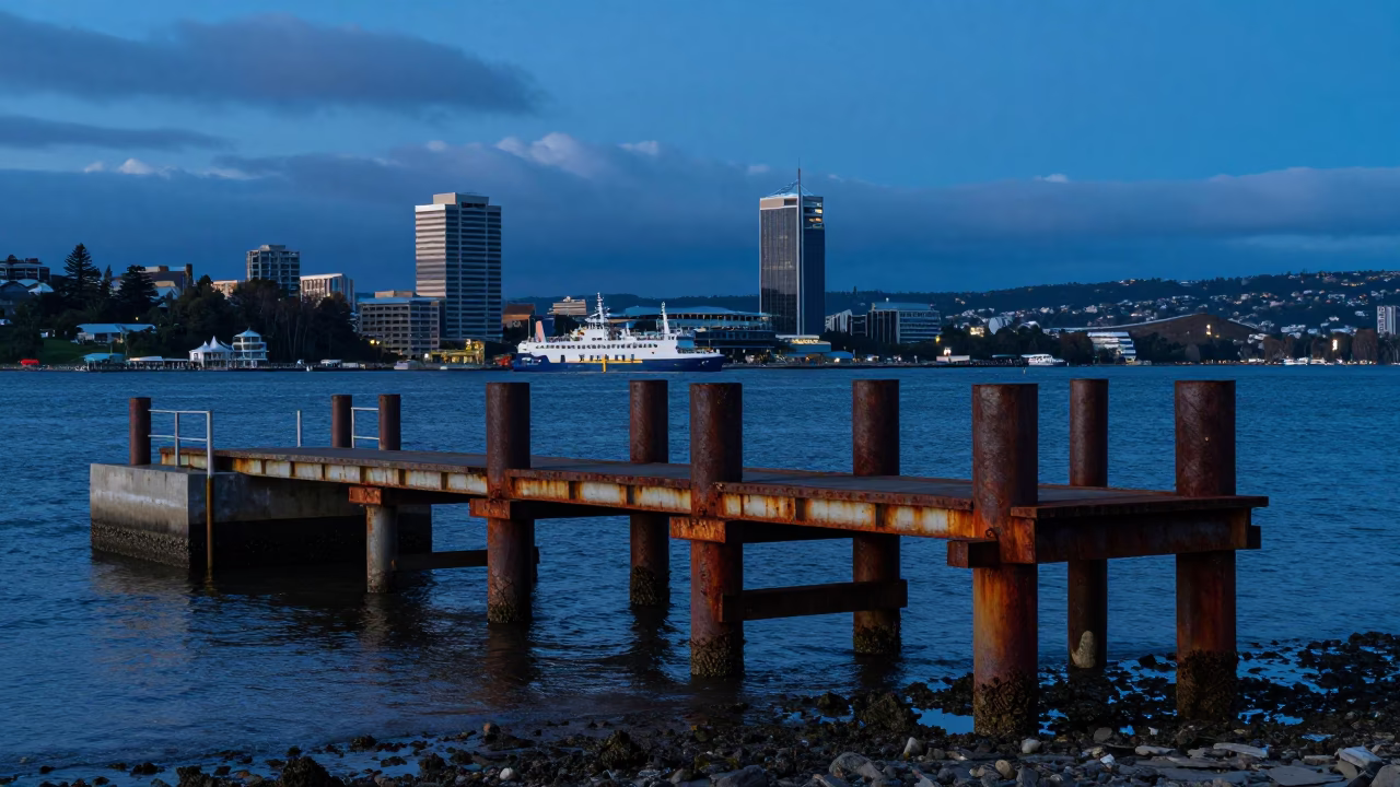 Blue Hour Ferry Terminal at Low Tide in Hobart Tasmania with Rusty Piling System in in Hobart, Tasmania, Australia