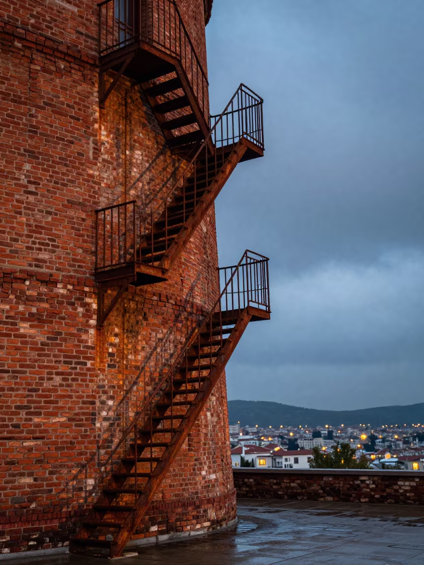 Blue Hour Fire Escape Zigzagging Brick Wall Izmir in at the base of a monumental staircase in Izmir