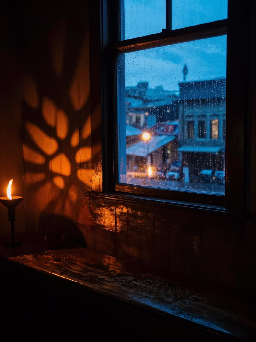 Blue Hour Firelight Shadows Stone Town Wall in on a window seat near Stone Town