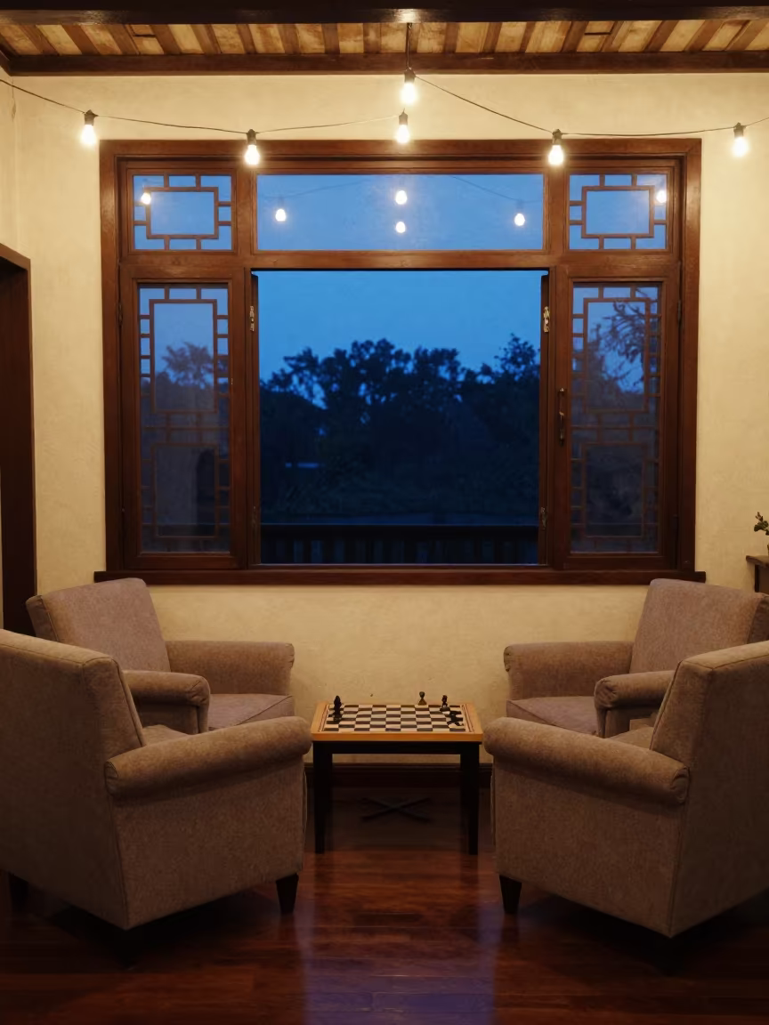 Blue Hour Fireside Chess in Nanjing Living Room in in a sunlit living room in Nanjing