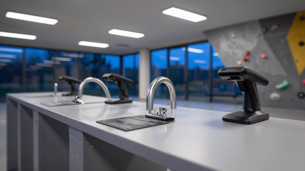 Blue Hour Fitness Check-In Desk Close-Up in inside a climbing gym warmup zone in Bolu