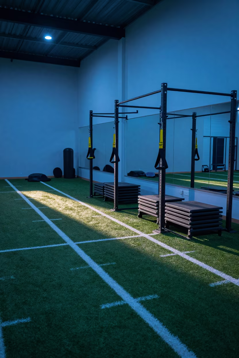 Blue Hour Fitness Sled Track at Twilight in inside a strength room in Batna