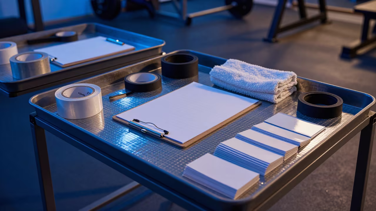 Blue Hour Fitness Tray with Gear and Reflections in inside a strength room near Kamalia