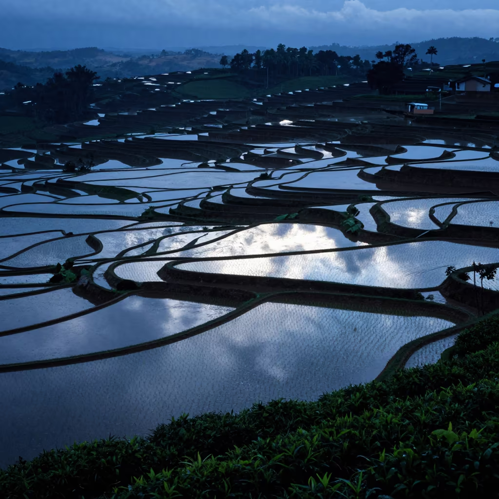 Blue Hour Flooded Rice Terraces Brazil in at the edge of a tea plantation in Brazil
