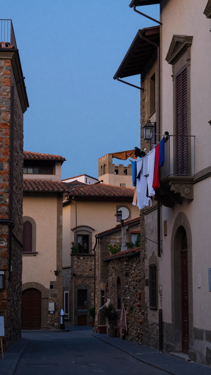 Blue Hour Florence Italy Street Scene with Laundry and Urban Details in in Florence, Italy