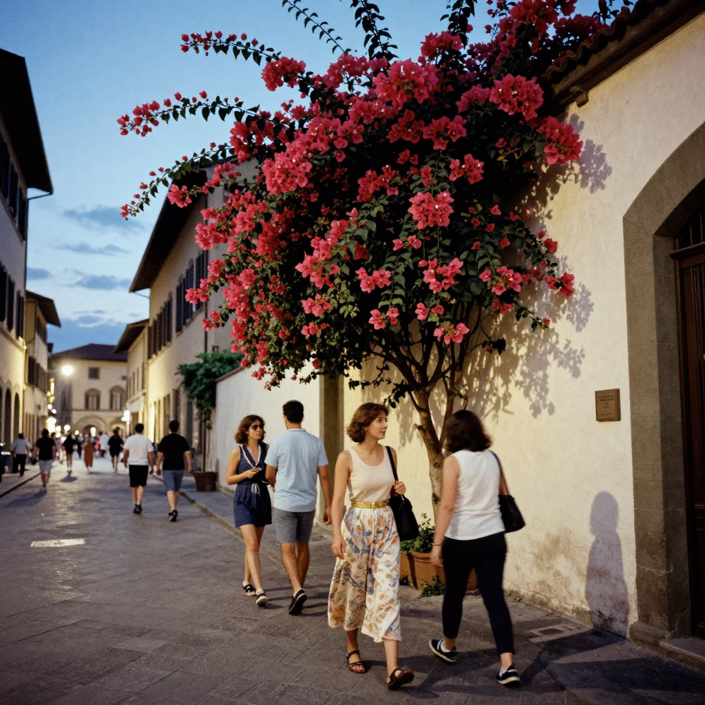Blue Hour Florence Street Scene with Bougainvillea and Vintage Fashion Photography in in Florence, Italy