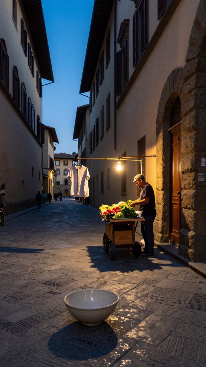 Blue Hour Florence Street Scene with Ceramic Bowl and Shirt Hanger Details in in Florence, Italy