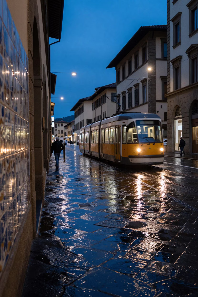 Blue Hour Florence Street Scene with Ceramic Tiles and Tram Reflections on Wet Cobblestones in in Florence, Italy
