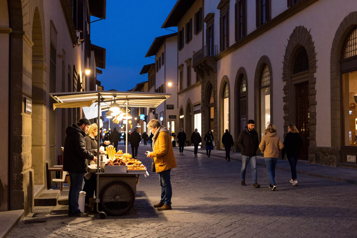 Blue Hour Florence Street Scene with Food Vendor and Historic Architecture in in Florence, Italy