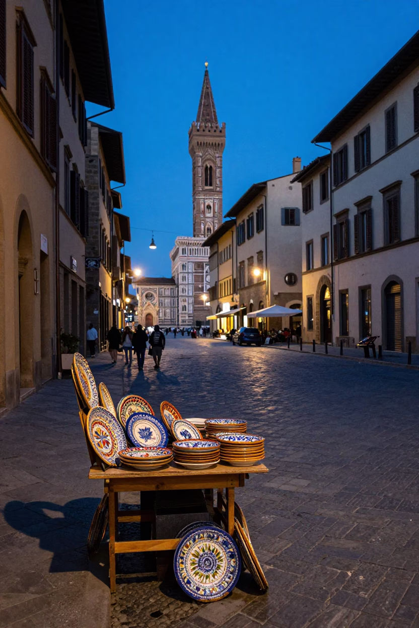 Blue Hour Florence Street Scene with Majolica Plates and Local Life in in Florence, Italy