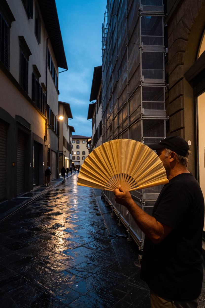 Blue Hour Florence Street Scene with Paper Fan and Scaffold Geometry in in Florence, Italy