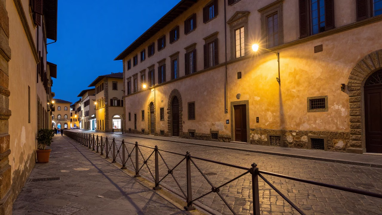 Blue Hour Florence Street Scene with Stair Rail and Urban Details in in Florence, Italy