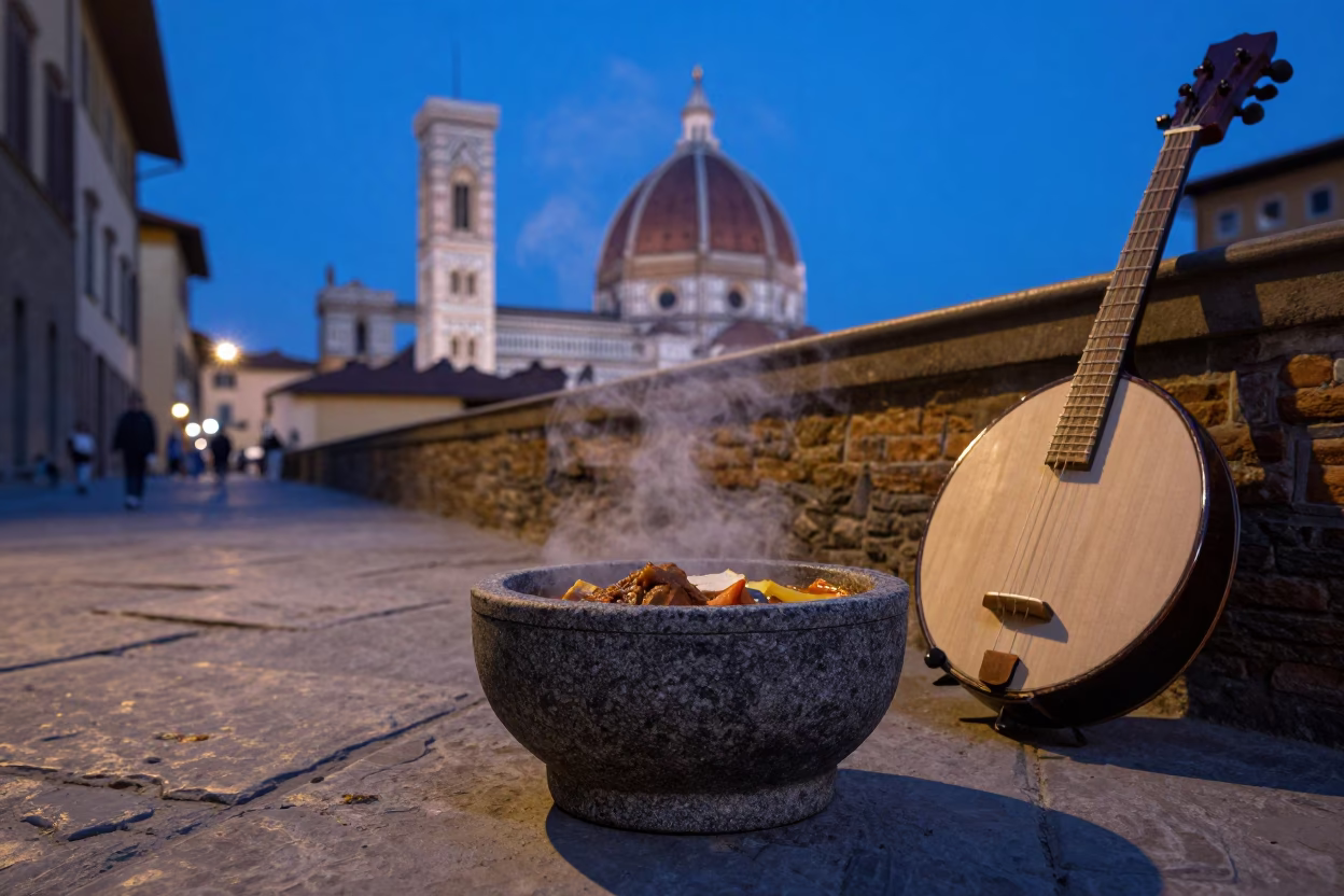 Blue Hour Florence Street Scene with Stone Bowl and Banjo in in Florence, Italy
