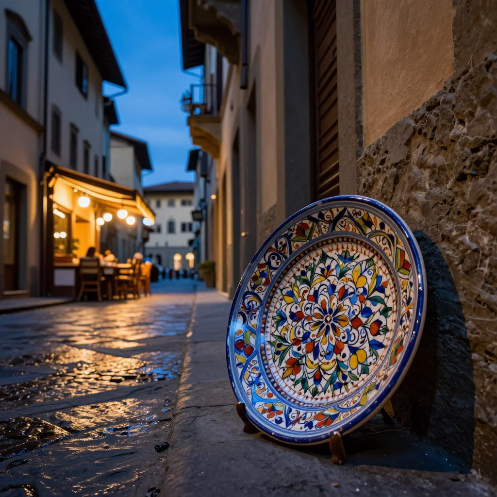 Blue Hour Florence Street Scene with Vintage Italian Majolica Plate on Table in in Florence, Italy