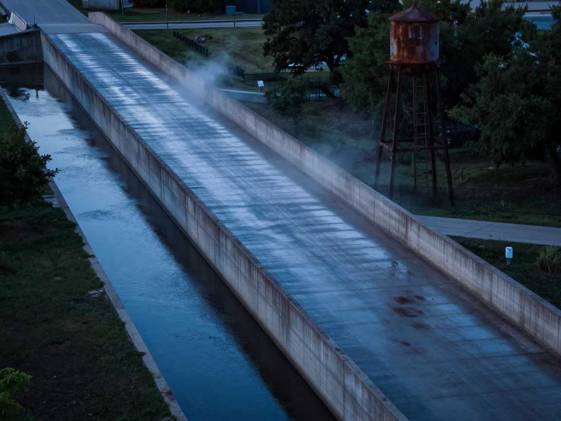 Blue Hour Flyover Ramp Drainage Channels in beside a water tower ladder in Texas