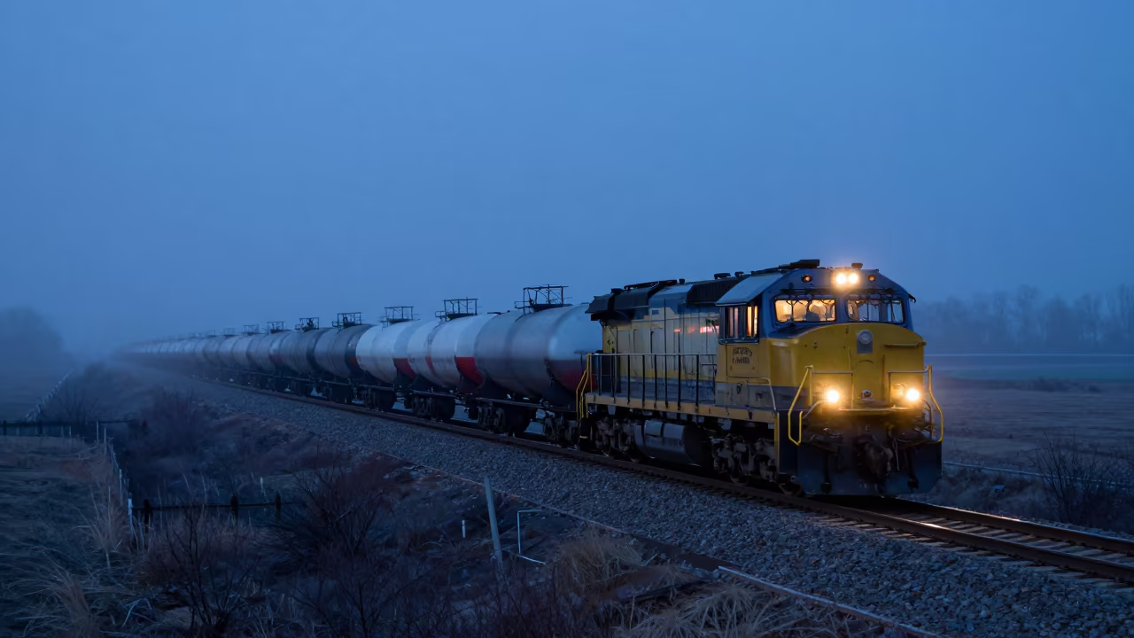 Blue Hour Freight Train on French Prairie Causeway in on a wind-open causeway in France