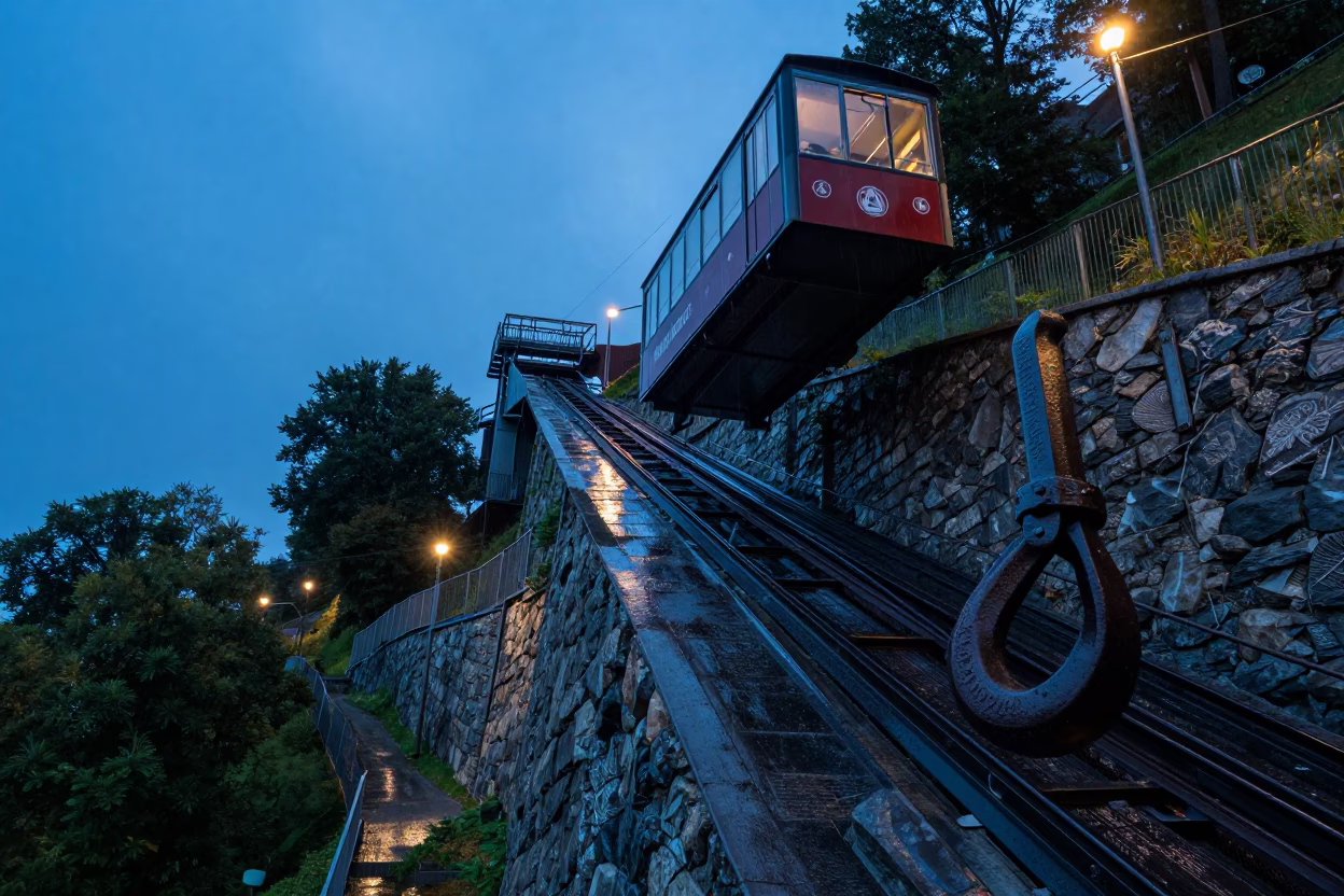 Blue Hour Funicular Climb in Bergen Norway with Iron Hook Detail in in Bergen, Norway