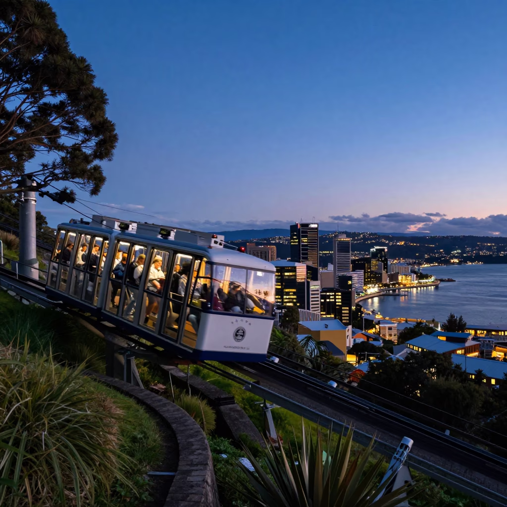 Blue Hour Funicular Ride Through Terraced Gardens in Hobart Tasmania in in Hobart, Tasmania, Australia