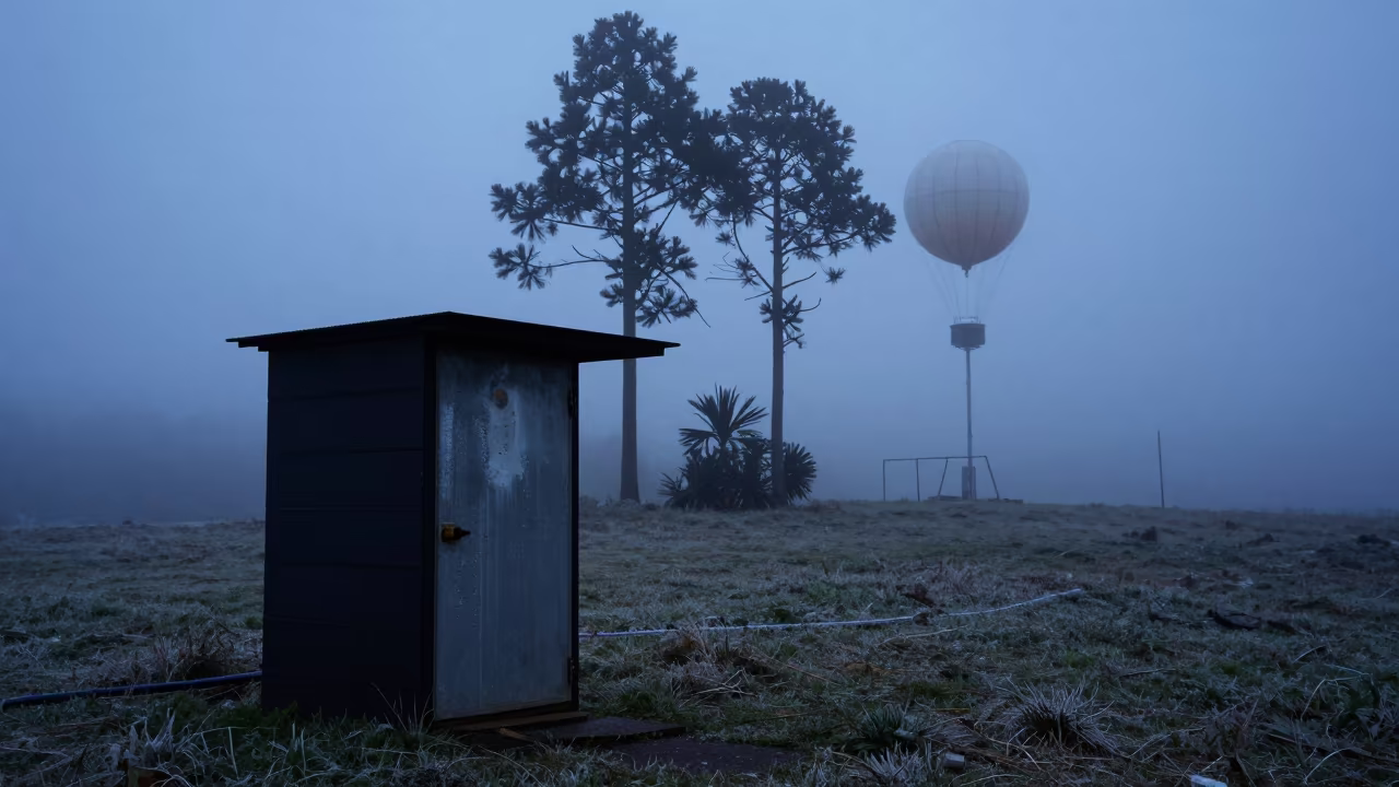 Blue Hour Generator Shed Silhouette in Fog in near a weather balloon launch site near Bogota