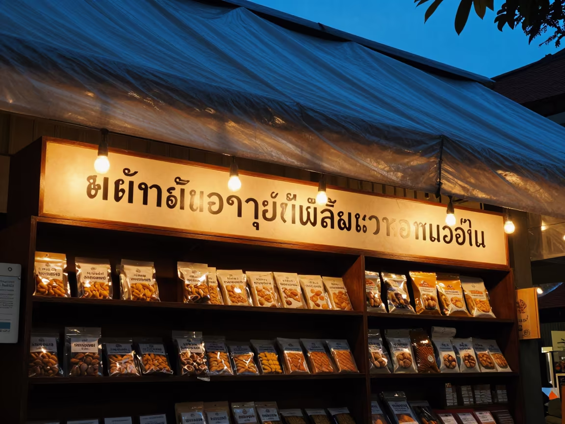 Blue Hour Gift Shop Shelf Monsoon Tarps Bangkok in in a ceremonial hall in Bangkok