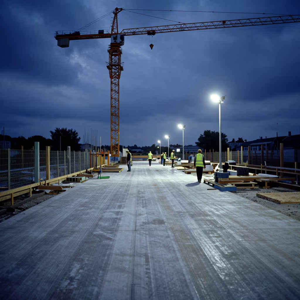 Blue Hour Glazing Install Under Tower Crane in beneath a tower crane on open ground in Burgundy