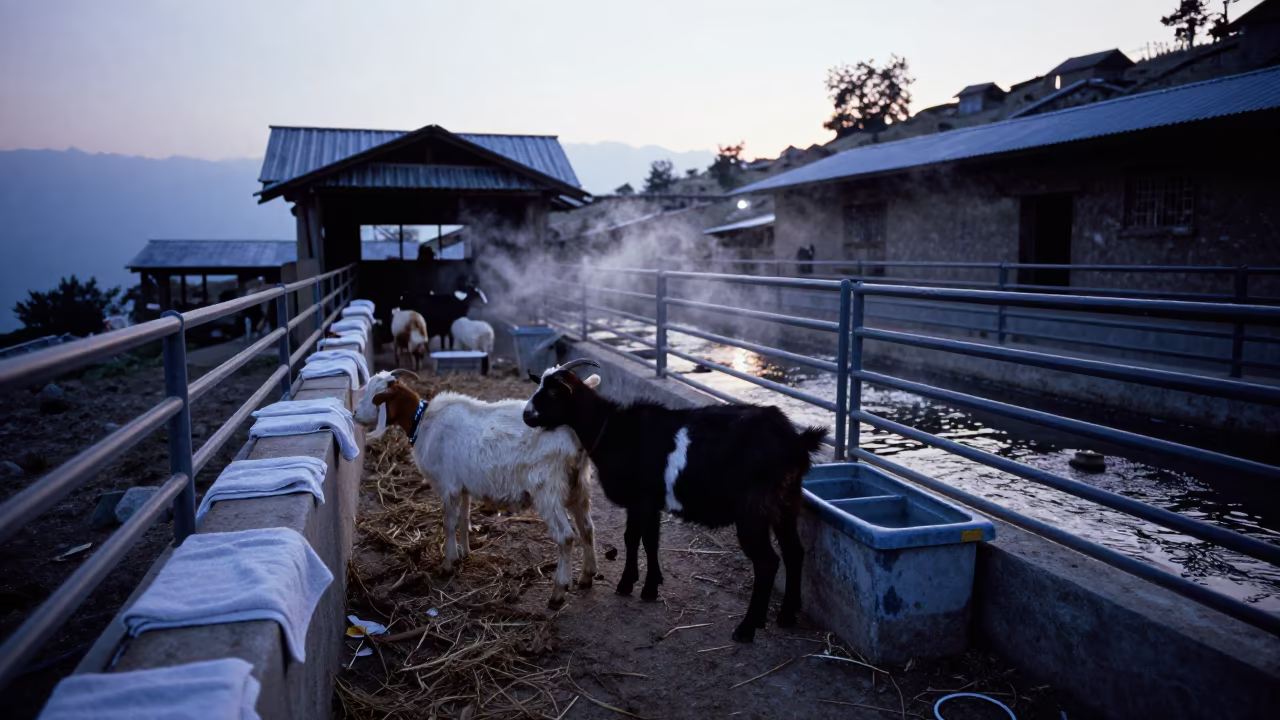 Blue Hour Goat Stall Towels Uttarakhand in near a windbreak and water trough in Uttarakhand
