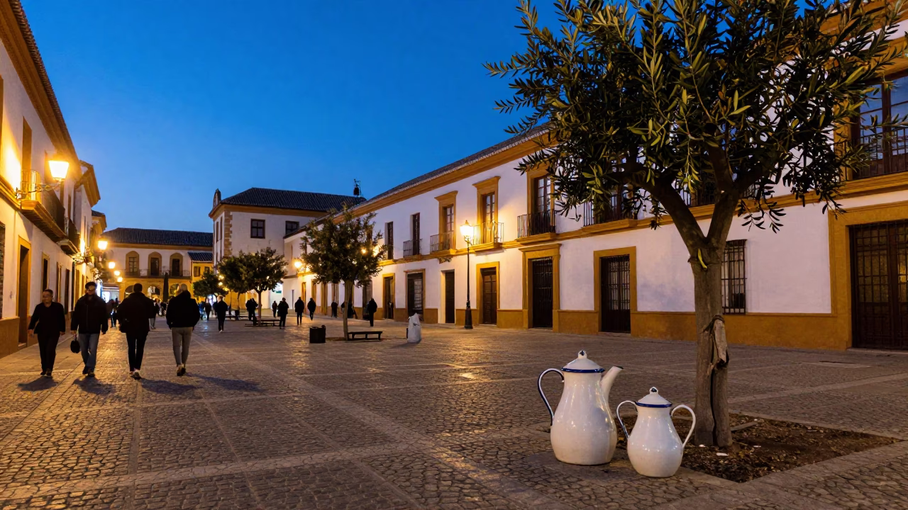 Blue Hour Granada Spain Street Scene with Enamel Pitcher and Olive Tree in in Granada, Spain
