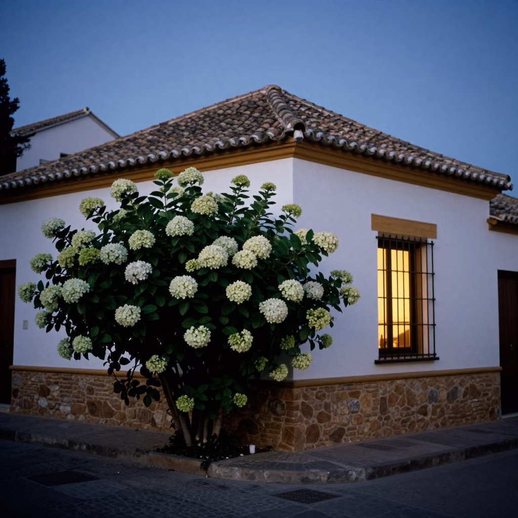 Blue Hour Granada Spain Street Scene with Hydrangea Bush and Traditional Architecture in in Granada, Spain