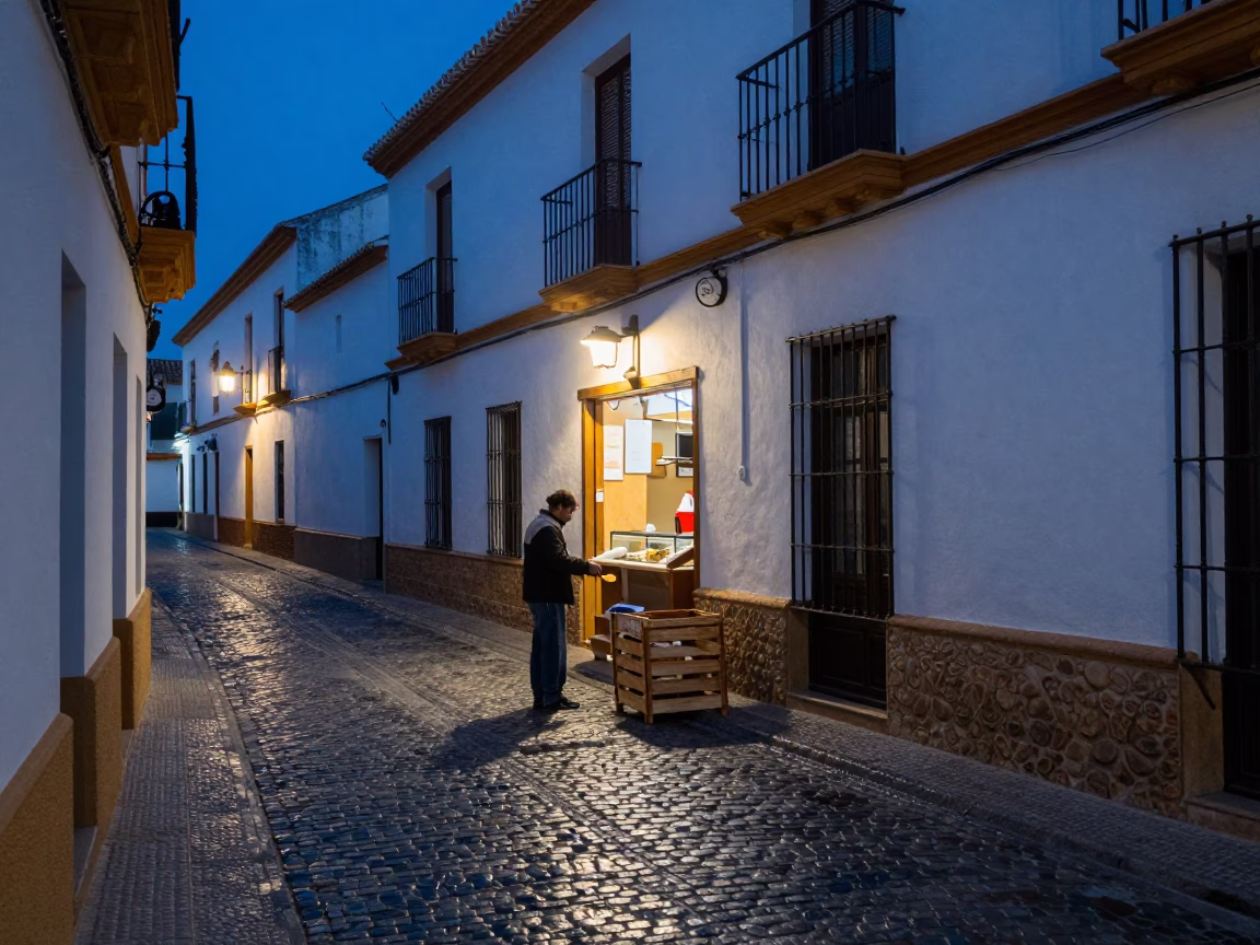 Blue Hour Granada Street Scene with Condensation and Local Life in in Granada, Spain