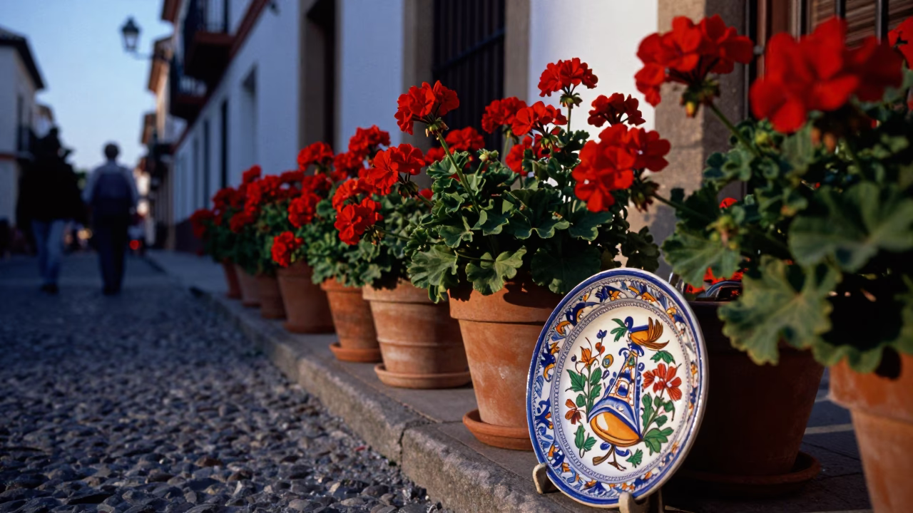 Blue Hour Granada Street Scene with Geraniums and Vintage Majolica Plate in in Granada, Spain