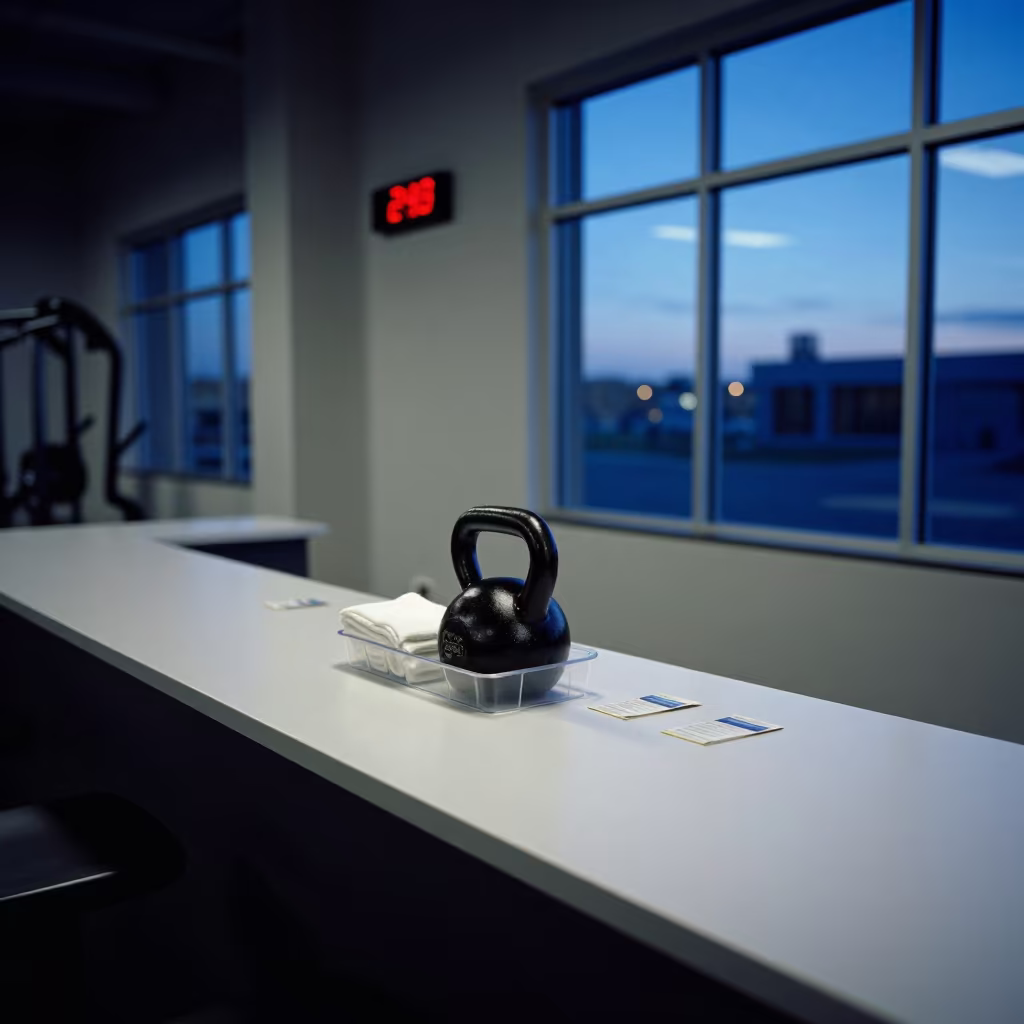 Blue Hour Gym Check-In Desk Reno Kettlebell Restock in at a gym check-in desk in Reno