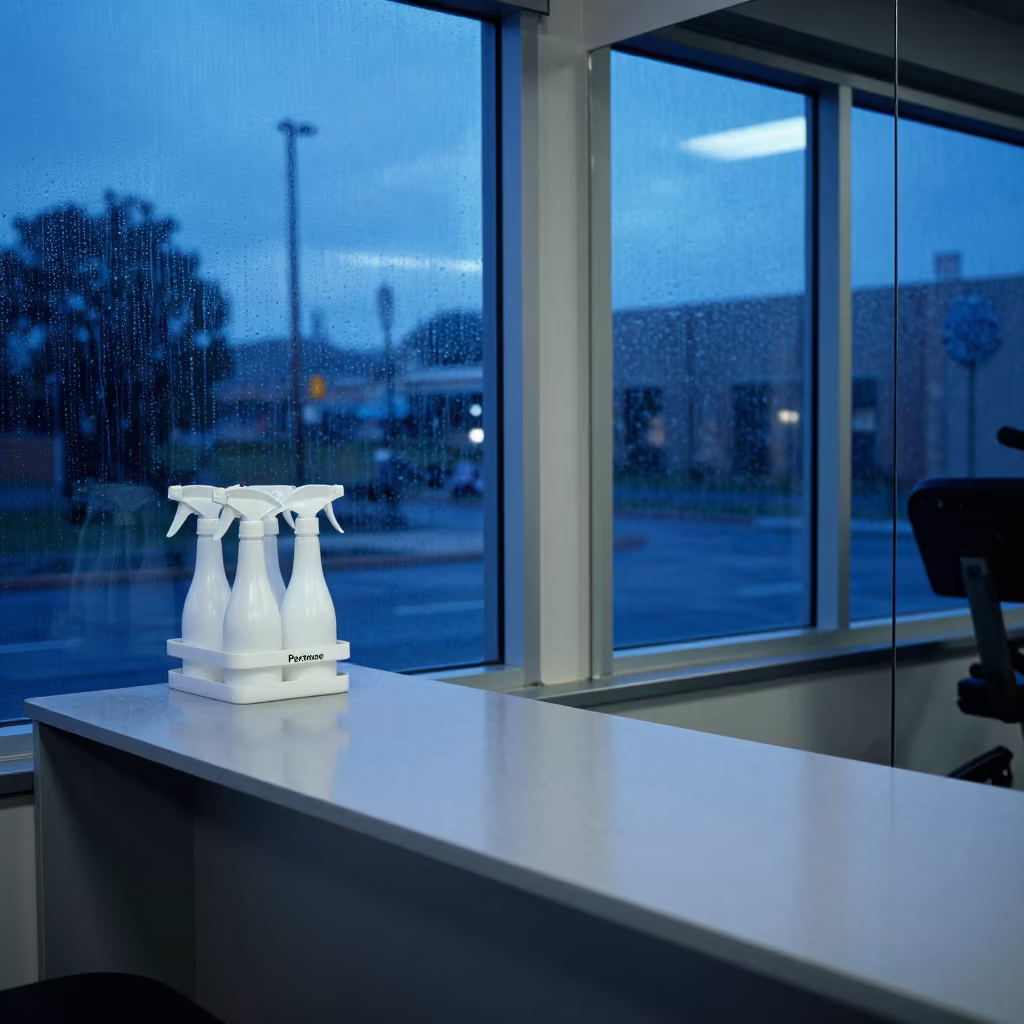 Blue Hour Gym Check-In Desk with Spray Bottle in at a gym check-in desk near Portmore