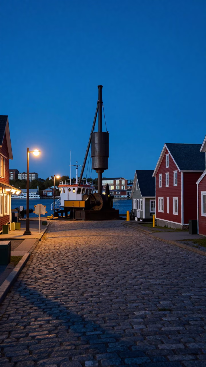 Blue Hour Halifax Harbor Street Scene with Pile Driver and Chinese Junk in in Halifax, Nova Scotia, Canada