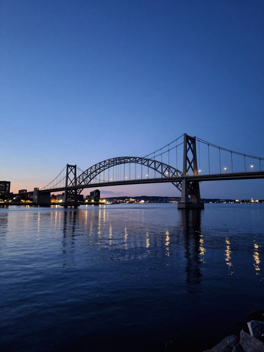 Blue Hour Halifax Nova Scotia Harbour Bridge Reflections and Coastal Urban Evening Light in in Halifax, Nova Scotia, Canada