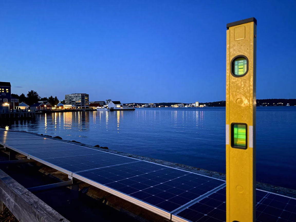 Blue Hour Halifax Waterfront with Solar Panels and Spirit Level in in Halifax, Nova Scotia, Canada