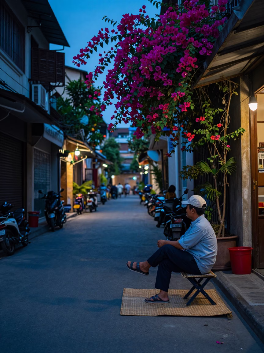 Blue Hour Hanoi Street Scene With Folding Stools And Bougainvillea in in Hanoi, Vietnam
