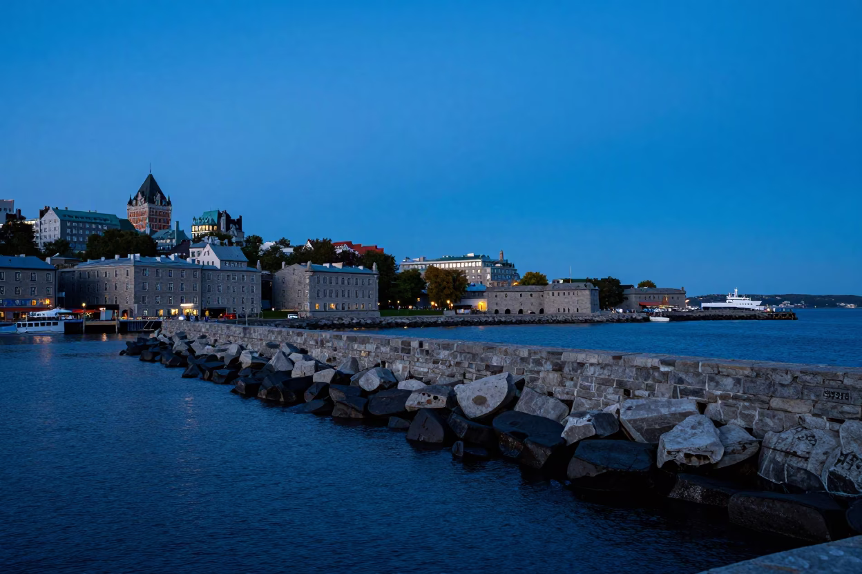 Blue Hour Harbor Breakwater and Stone Fortifications in Quebec City in in Quebec City, Quebec, Canada