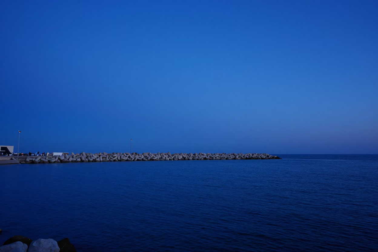 Blue Hour Harbor Breakwater Valencia Spain Evening Sky and Sea View in in Valencia, Spain