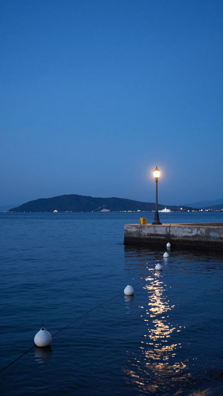 Blue Hour Harbor Scene in Phuket Thailand with Fishing Floats and Oil Lamp Glow in in Phuket, Thailand