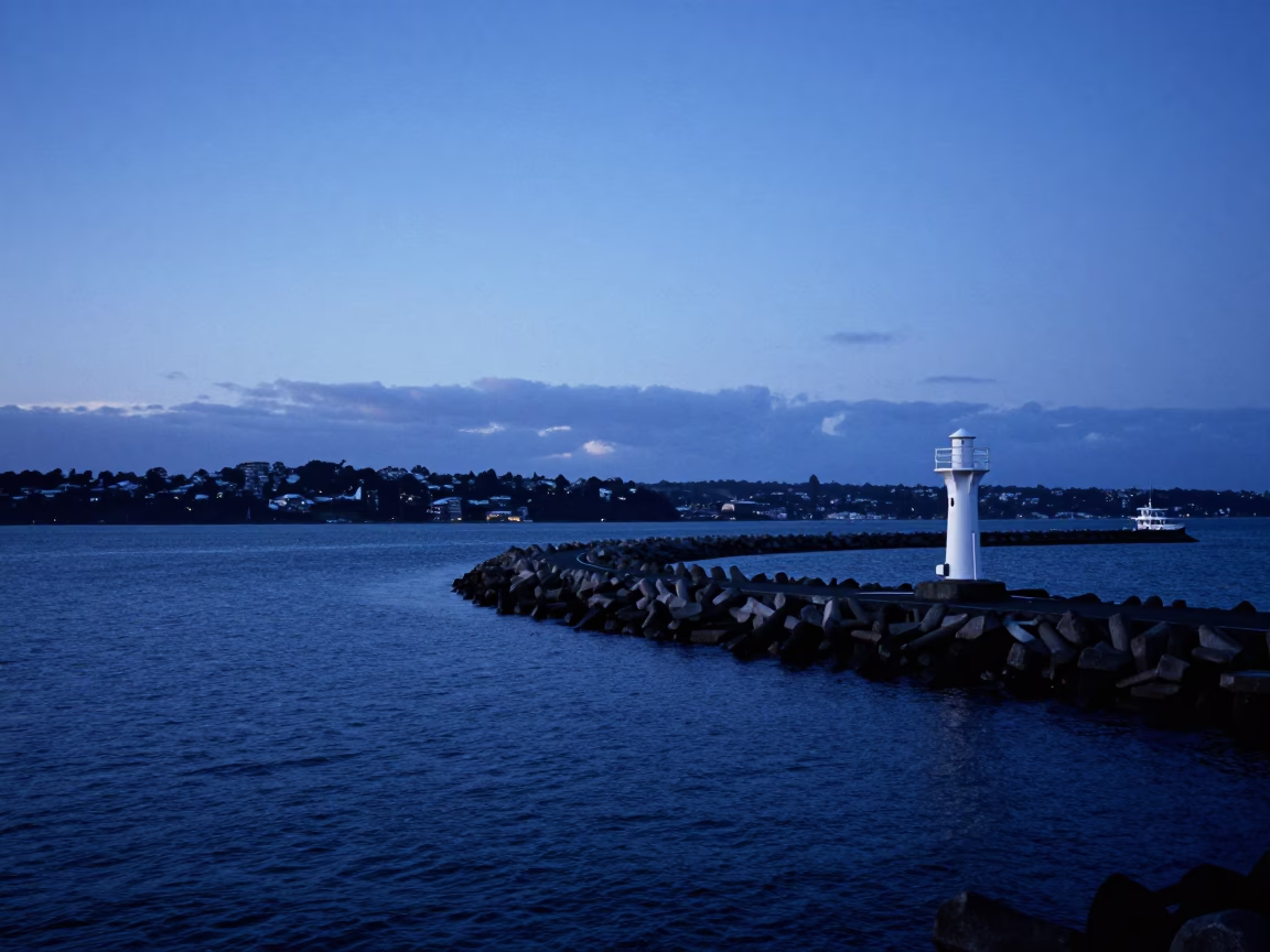 Blue Hour Harbor Scene with Breakwater Curve and Beacon in Auckland New Zealand in in Auckland, New Zealand