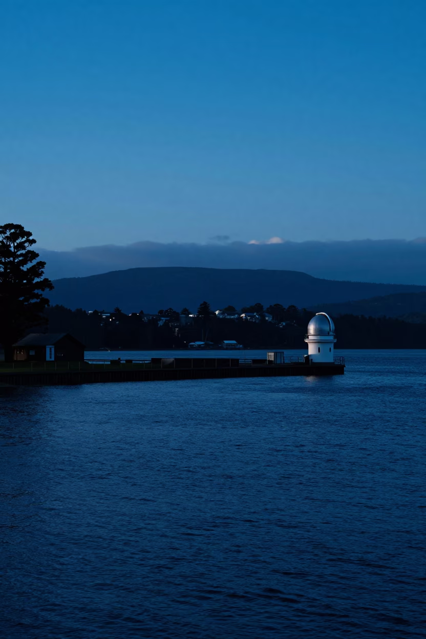 Blue Hour Harbor View in Hobart Tasmania with Breakwater and Observatory Silhouette in in Hobart, Tasmania, Australia