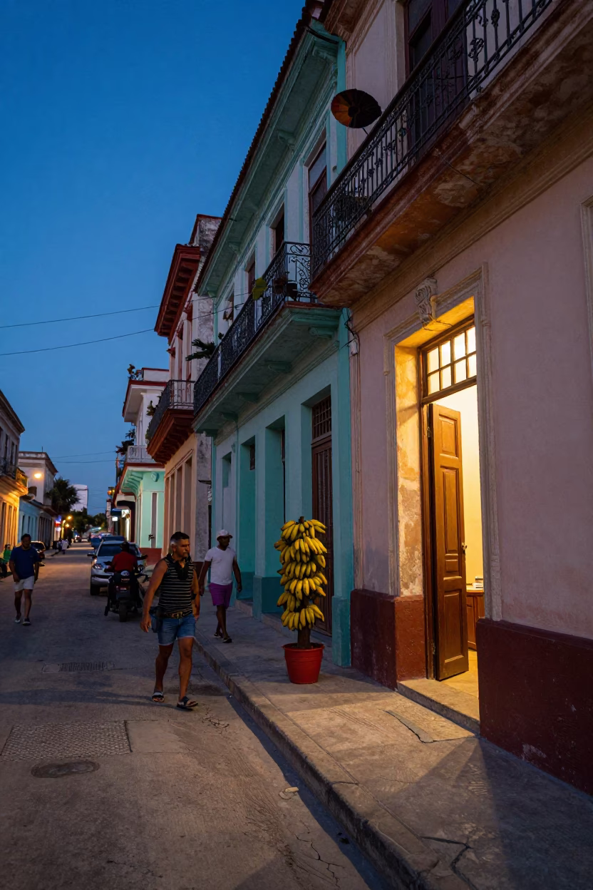 Blue Hour Havana Street Scene with Bananas and Colorful Architecture in in Havana, Cuba